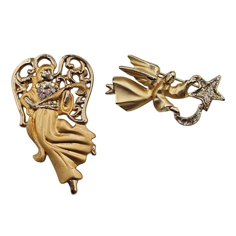Festive Joy Holiday Gold Tone Angels Religious Faith Christian Brooch Pins 2PC